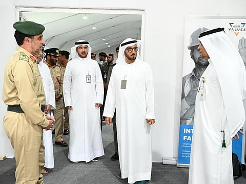The Commander-in-Chief of Dubai Police Major General Abdullah Khalifa Al Marri interacts with Director General of GDRFA Dubai Lt. General Mohammed Ahmed Al Marri during a visit to the amnesty centre in Al Awir on Thursday.