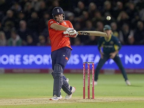 England's Liam Livingstone plays a shot during the 2nd 'Vitality IT20' Twenty20 International against Australia at Sophia Gardens in Cardiff, south Wales,  on September 13, 2024. 