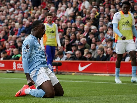 Nottingham Forest's English midfielder Callum Hudson-Odoi celebrates after scoring his team first goal during the English Premier League football match against Liverpool at Anfield in Liverpool, north west England on Saturday.