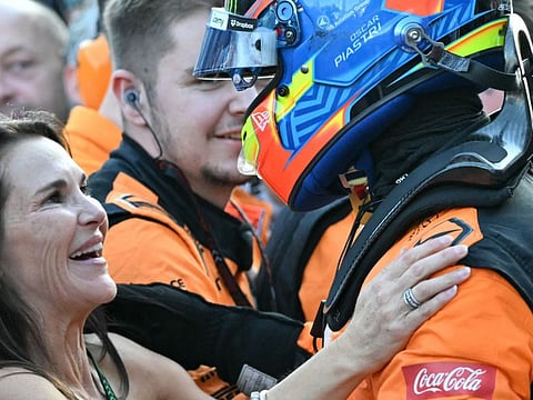 McLaren's Australian driver Oscar Piastri celebrates with his mother Nicole Piastri after winning the Formula One Azerbaijan Grand Prix at the Baku City Circuit in Baku on Sunday.
