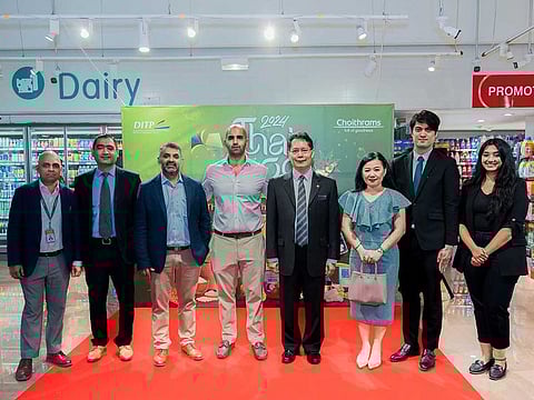 Sorayut Chasombat, Thailand Ambassador to the UAE, (fourth from right), and dignitaries at the opening of Thai Food Festival 2024 at Choithrams Supermarket on Friday.