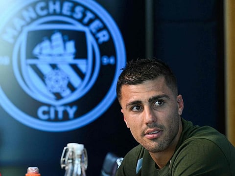 Midfielder Rodri during a press conference at the Manchester City's training ground, in Manchester, north-west England, on Tuesday.