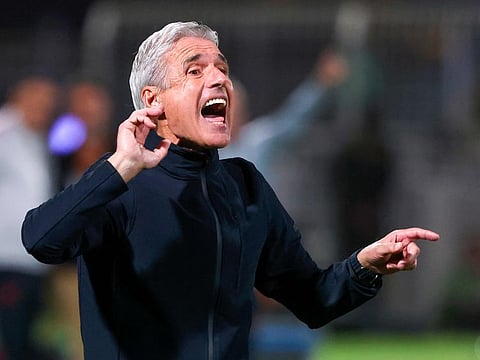 Al Nassr's Portuguese coach Luis Castro instructs his players during the Saudi Pro League football match against Al Shabab at the Al-Shabab Club Stadium in Riyadh on February 25.