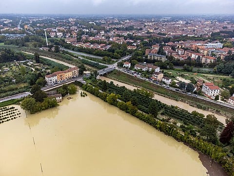 An aerial view shows fields and farms flooded near Faenza in the north of Italy, which is hit by the tail end of Storm Boris, on September 19, 2024.  
