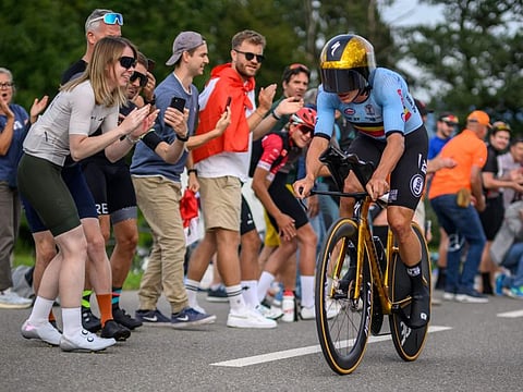 Belgium's Remco Evenepoel competes in  the men's Elite Individual Time Trial cycling event, 46,1km from and to Zurich, during the UCI 2024 Road World Championships, near Meilen, on Sunday.