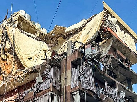 A residential building whose top two floors were hit by an Israeli strike in the Ghobeiri area of Beirut's southern suburbs.