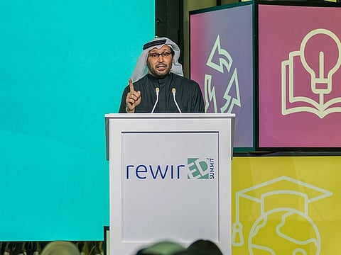 Dr Tariq Al Gurg, CEO and Vice-Chairman of Dubai Cares, outlining the highlights of The ‘Rewiring Education: The Climate Education Nexus’ report. 