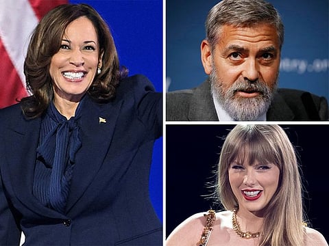 Clockwise from left: Kamala Harris, George Clooney and Taylor Swift. 