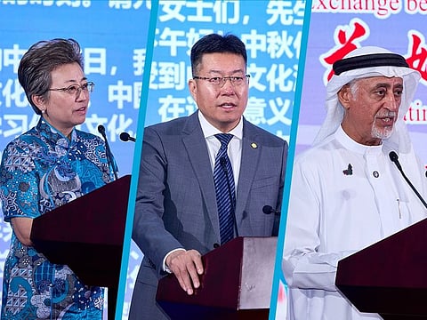 Ou Boqian, Consul General of China in Dubai; Peng Gang, President of POWERCHINA MENA; and Dr Eesa Al Bastaki, President of the University of Dubai, speak at the event celebrating the Mid-Autumn Festival
