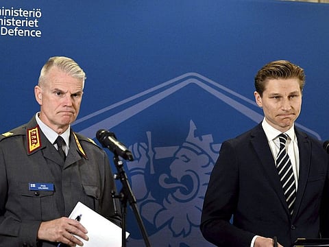 Finnish Defence Ministeri Antti Häkkänen (R) and Commander of the Finnish Army, Lieutenant General Pasi Välimäki address a press conference in Helsinki, Finland, on September 27, 2024. 