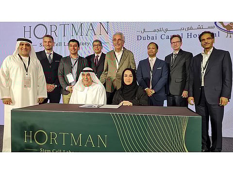 Dr Fatma Al Hashimi, Director of Hortman Stem Cell Laboratory and Chairperson of the Dubai Stem Cell Congress (DSCC), and Dr Ali Ridha, Director General; Dubai Camel Hospital (DCH), during the MoU signing ceremony at the launch of Hortman Stem Cell Laboratory