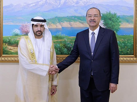 Sheikh Hamdan bin Mohammed bin Rashid Al Maktoum, Crown Prince of Dubai, Deputy Prime Minister, and Minister of Defence, with Abdulla Aripov, Prime Minister of Uzbekistan