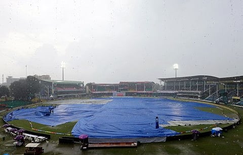 The pitch remains covered as Day 3 of the second Test match has been called off due to incessant rains at Green Park Stadium in Kanpur.