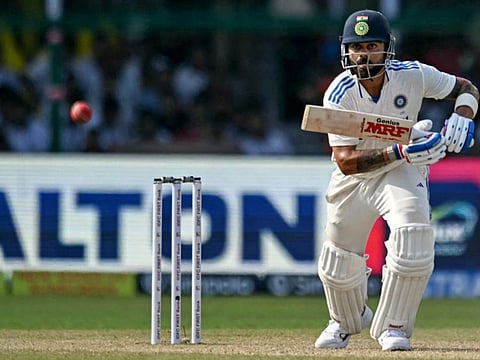 India's Virat Kohli in action during the fourth day of the second Test cricket match against Bangladesh at the Green Park Cricket Stadium in Kanpur on Monday.