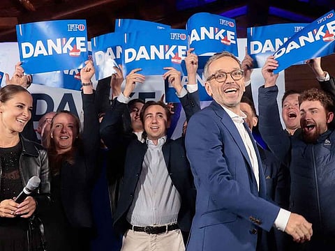 Herbert Kickl, leader and top candidate of right-wing populist Freedom Party of Austria (FPOe) is celebrated by supporters as he arrives at the party's election event after exit poll numbers were announced at the Stiegl-Ambulanz restaurant in Vienna, Austria on September 29, 2024, during Austria's general election. 