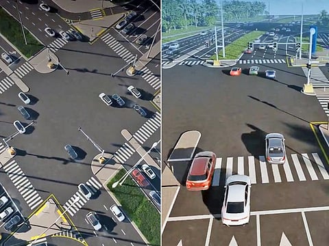 Combo of video stills from animation showing what the Sultan Bin Zayed the First Street intersection will look like after the completion of all projects