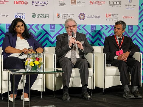 Dr Bindu Nair, Assistant Dean, Westford University College Professor; Dr Amitabh Upadhya, Executive Director, Symbiosis International University, Dubai; and Dr Pankaj Lamba, Clinical Assistant Professor Ophthalmology, Gulf Medical University, during a panel discussion 'Academia to Career: Real-World Skills for Real-World Challenges on the second day of Gulf News Edufair 2024.