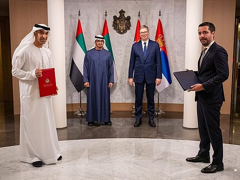 UAE President His Highness Sheikh Mohamed bin Zayed Al Nahyan and Aleksandar Vučić, President of Serbia, during the CEPA exchange ceremony in Belgrade on Saturday. The UAE-Serbia CEPA was exchanged between Dr Thani bin Ahmed Al Zeyoudi, UAE Minister of State for Foreign Trade, and Tomislav Momirović, Serbia’s Minister of Internal and Foreign Trade.