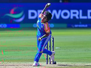 India's Arundhati Reddy delivers a ball during the ICC Women's T20 World Cup cricket match against Pakistan at the Dubai International Cricket Stadium in Dubai on Sunday.