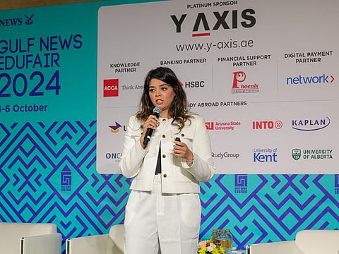 Ruqaiyah Abbas, Business Relationship Executive for ACCA’s Middle East team, during her presentation on 'Pathways to Success in Accounting and Finance' at the seventh edition of the Gulf News Edufair 2024, currently taking place at the H Dubai Hotel
