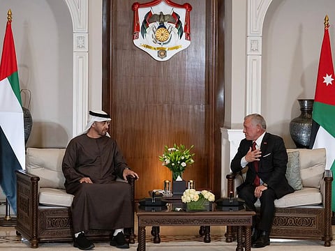 President His Highness Sheikh Mohamed bin Zayed Al Nahyan with King Abdullah II bin Al Hussein of Jordan at Basman Palace in Amman on Sunday