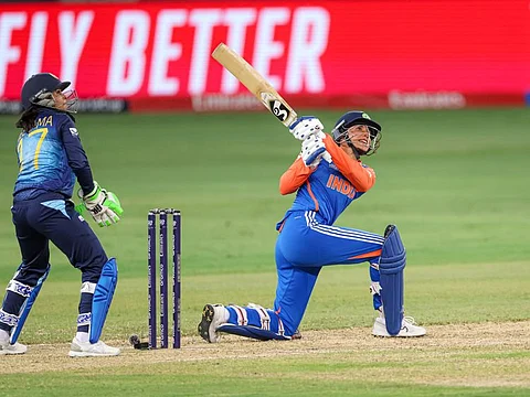 Smriti Mandhana of India plays a shot against Sri Lanka in the Women's T20 World Cup at Dubai International stadium on Wednesday. 