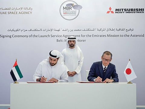 Sheikh Hamdan bin Mohammed bin Rashid Al Maktoum, Crown Prince of Dubai, Deputy Prime Minister and Minister of Defence of the UAE, and Chairman of the Supreme Space Council, attending the signing of an agreement between the UAE Space Agency and Mitsubishi Heavy Industries on Wednesday in Dubai
