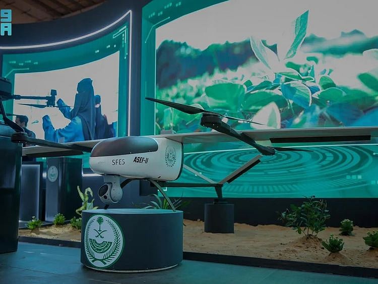Sophisticated equipment, including drones used for environmental protection, are on display at the Saudi Interior Ministry's pavilion.  