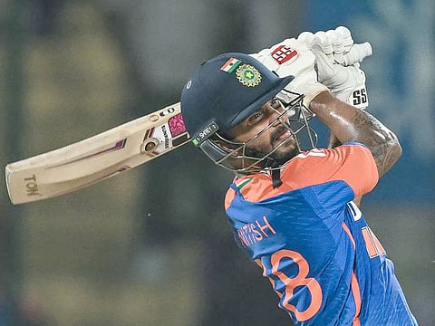 India's Nitish Kumar Reddy plays a shot during the second Twenty20 international against Bangladesh at the Arun Jaitley Stadium in New Delhi on October 9, 2024.   