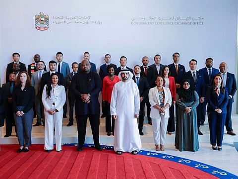 Sheikh Hamdan bin Mohammed bin Rashid Al Maktoum, Crown Prince of Dubai, and Deputy Prime Minister and Minister of Defence of the UAE, and Chairman of The Executive Council of Dubai, with public officials from 31 countries participating in the International Programme for Government Directors.