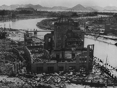 A photo dated September 1945 of the remains of the Prefectural Industry Promotion Building after the nuclear bombing of Hiroshima, Japan. The Nobel Peace Prize was on October 11, 2024 awarded to the Japanese anti-nuclear group Nihon Hidankyo, a grassroots movement of atomic bomb survivors from Hiroshima and Nagasaki, also known as Hibakusha. 