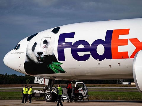 A pair of 3 year old Giant Pandas, Bao Li and Qing Bao, arrive on a FedEx Boeing 777 plane from China at Dulles International Airport in Dulles, VA.