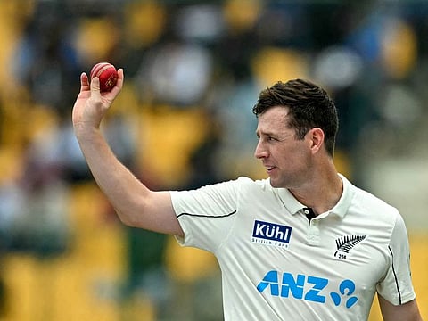 New Zealand’s Matt Henry, who claimed five wickets, during the second day of the first Test cricket match against India at the M. Chinnaswamy Stadium in Bengaluru on October 17, 2024.
