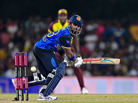 Sri Lanka's Kusal Mendis plays a shot during the third and final Twenty20 international cricket match between Sri Lanka and West Indies at the Rangiri Dambulla International Stadium in Dambulla.