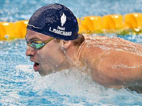 France's Leon Marchand competes in the men's 400m individual medley final event during the World Aquatics Swimming World Cup at the Oriental Sports Centre Natatorium in Shanghai on Sunday.