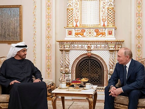 UAE President His Highness Sheikh Mohamed bin Zayed Al Nahyan is welcomed by Russian President Vladimir Putin at the Novo-Ogaryovo state residence outside Moscow.