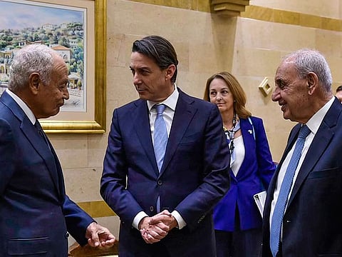 US Envoy Amos Hochstein (centre) speaks with Arab League Secretary-General Ahmed Aboul Gheit (left) and Lebanons Parliament Speaker Nabih Berri in Beirut on October 21, 2024.