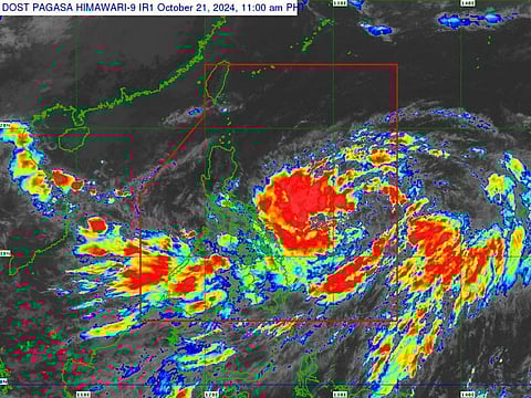 A satellite photo shows tropical depression 'Kristine', the year's 11th storm, inside the country's area of responsibility on Monday (October 21, 2024), as shared by weather bureay Pagasa at 11am. Kristine is expected to bring heavy rains across a wide swath of the country.