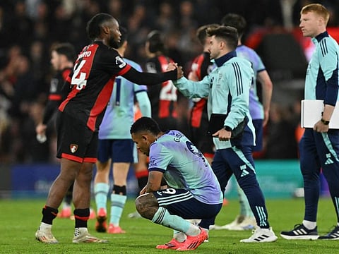Arsenal's Brazilian striker Gabriel Jesus reacts after the English Premier League football match against Bournemouth at the Vitality Stadium in Bournemouth, southern England on October 19.