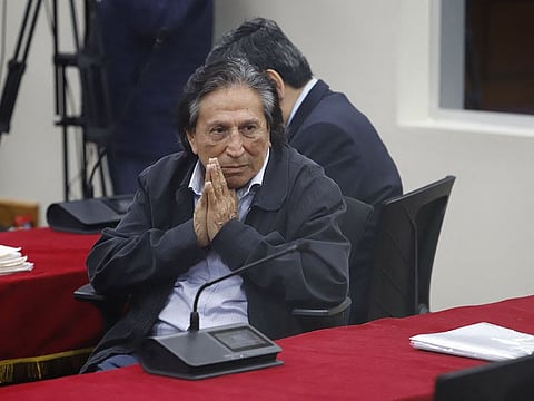 Former Peruvian President Alejandro Toledo, 78, gestures during a court hearing in Lima on October 21, 2024. 
