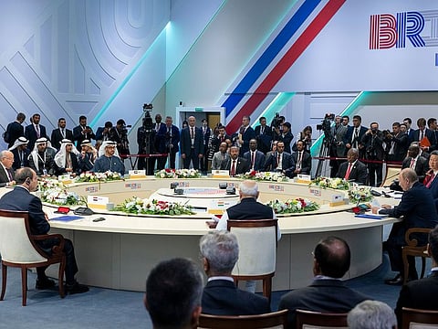 His Highness Sheikh Mohamed bin Zayed Al Nahyan, President of the United Arab Emirates (back 3rd L), participates in BRICS 2024 summit, at Kazan Expo International Exhibition Centre. In the picture he is seen with Vladimir Putin, President of Russia (R), Xi Jinping, President of China (2nd R), Cyril Ramaphosa, President of South Africa (3rd R), Abiy Ahmed, Prime Minister of Ethiopia (4th R). 