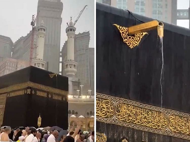 Worshippers continue their prayers, showcasing the serene and resilient spirit of pilgrims amid downpour.