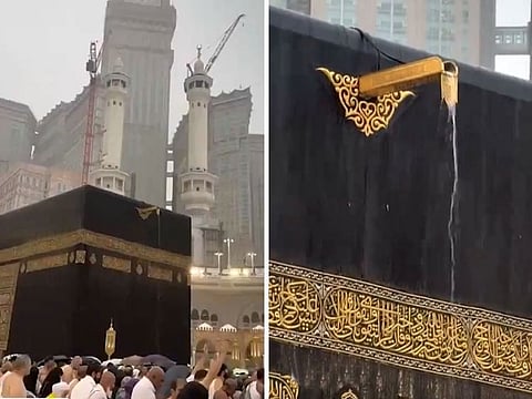 Worshippers continue their prayers, showcasing the serene and resilient spirit of pilgrims amid downpour.
