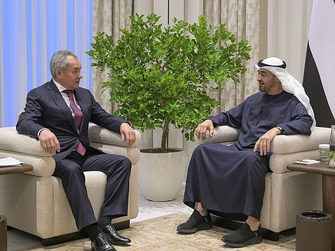  President His Highness Sheikh Mohamed bin Zayed Al Nahyan with Sergei Shoigu, Secretary of the Security Council of Russia, at Qasr Al Shati in Abu Dhabi on Tuesday
