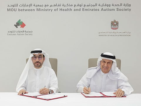 Dr Hussain Abdul Rahman Al Rand (right), and Majid Sultan Al Muhairi sign the MoU at the Ministry’s headquarters in Dubai on Tuesday.