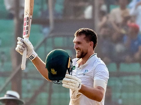 South Africa's Wiaan Mulder celebrates after scoring his century on the second day of the second Test against Bangladesh in Chittagong on Wednesday.