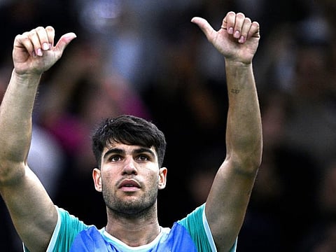 Spain's Carlos Alcaraz celebrates after winning against Chile's Nicolas Jarry on day two of the Paris ATP Masters on Tuesday.