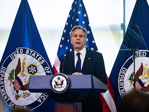 US Secretary of State Antony Blinken delivers remarks on "American Diplomacy for a New Era" at the Foreign Service Institute (FSI) in Arlington, Virginia, on October 30, 2024. 