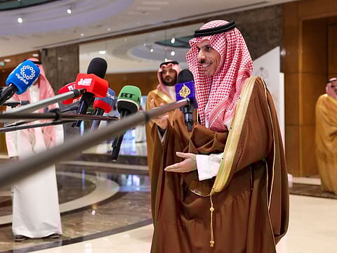 Saudi Foreign Minister Prince Faisal bin Farhan speaks to journalists before the start of the 'International Alliance to Implement the Two-State Solution' meeting in Riyadh on October 30, 2024.  