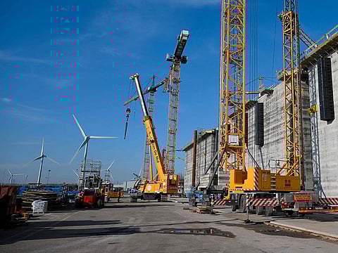 Construction site of future energy island Princess Elizabeth Island in Vlissingen, Netherlands. This future energy island will be located about 40 kilometers offshore the Belgian coast and will help transport large volumes of wind energy from the North Sea to the continent.